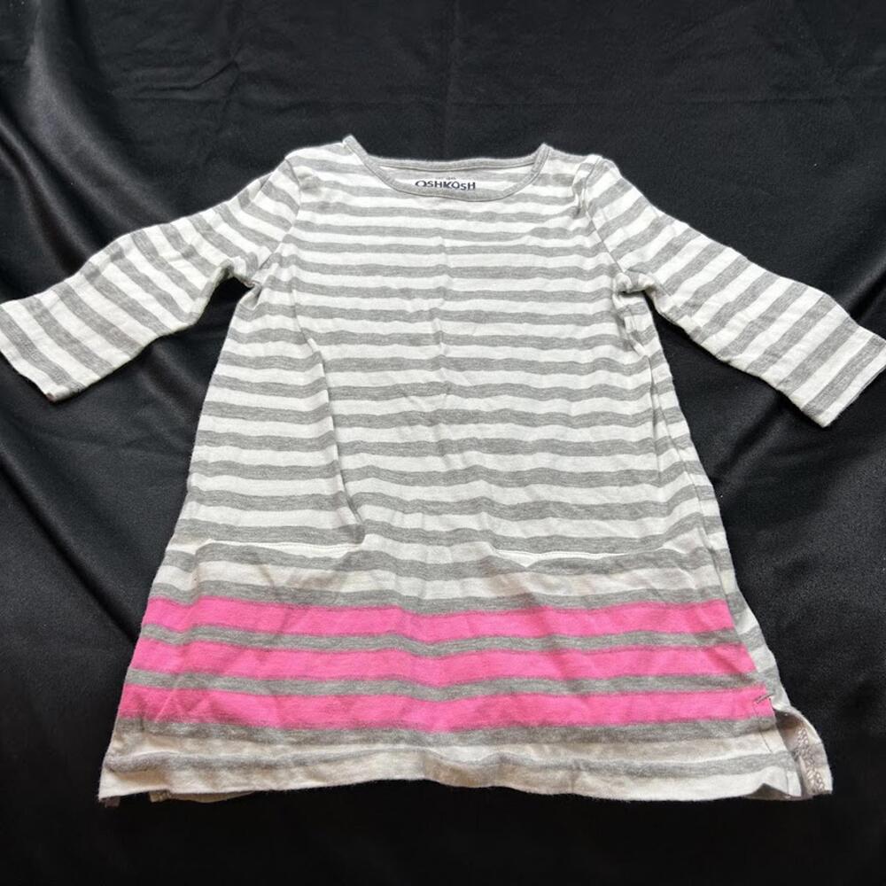 OshKosh B’gosh Girls White & Grey Striped Long Sleeve Dress Size 4T Pink‎ Accent